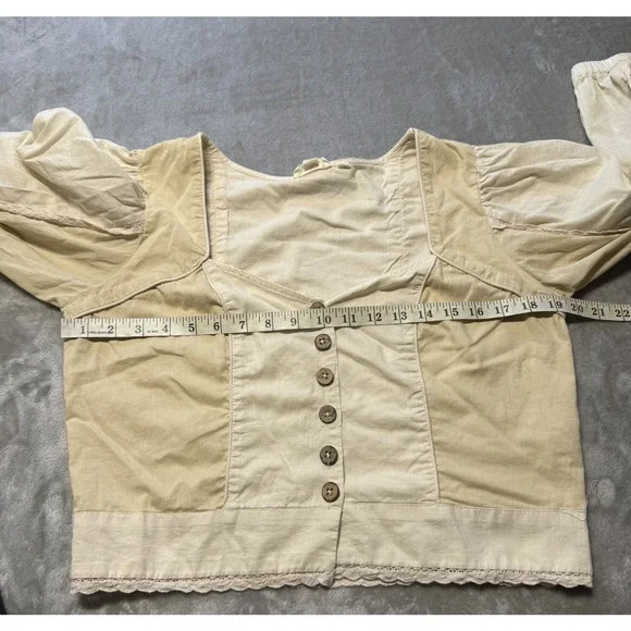 Anthropologie Let Me Be Cream Puff Sleeve Sweetheart Crop Top Buttons Sz M - Picture 8 of 12